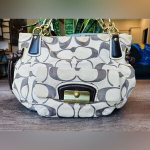 Coach - Kristen monogram linen brown and beige hobo style satchel.